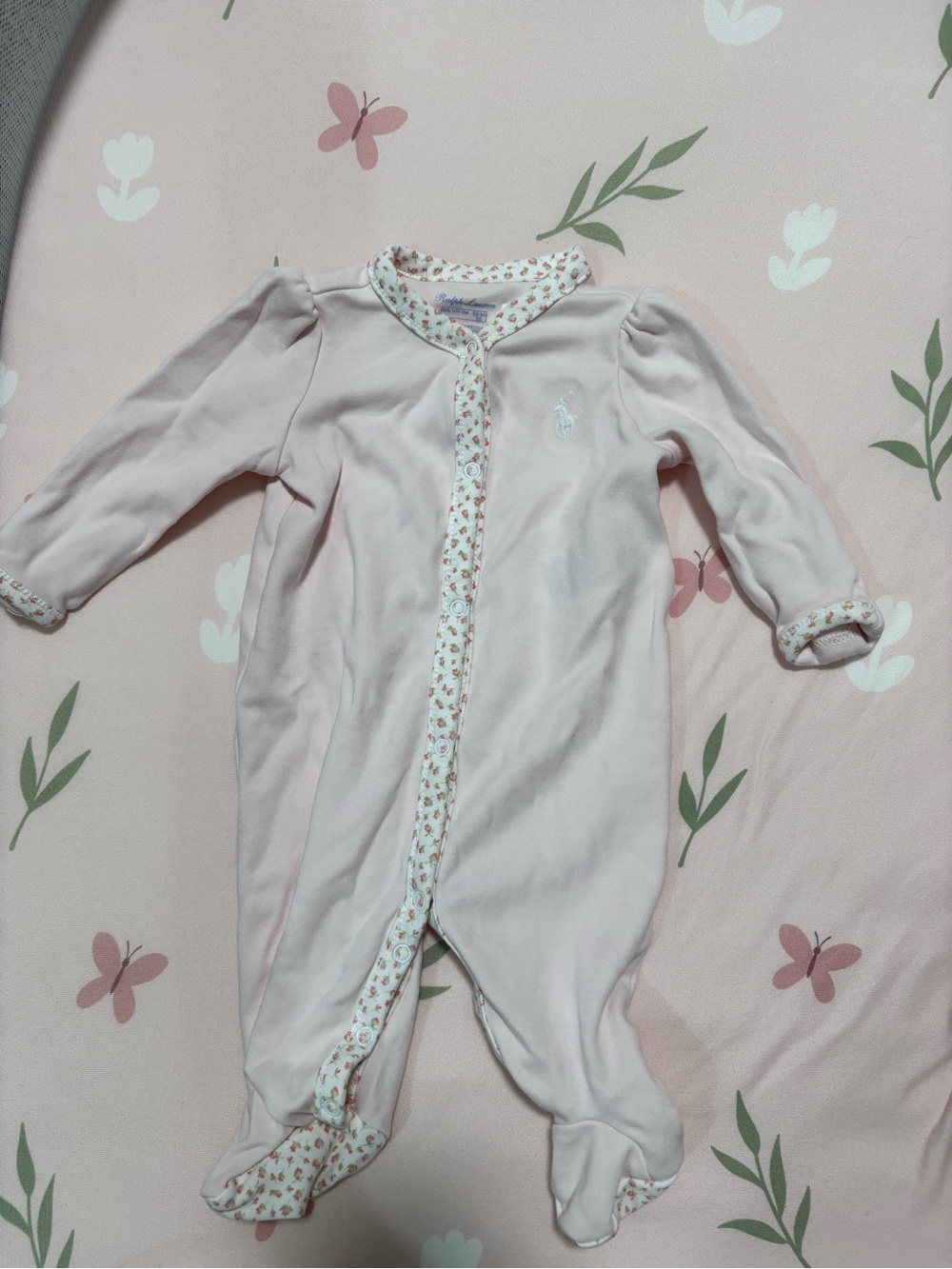 Polo by Ralph Lauren Light Pink Baby Footed One-Piece with Floral Trim